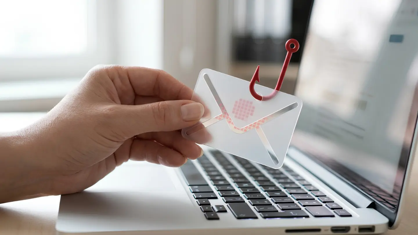 Phishing email warning represented by an email caught on a hook